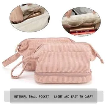 ROSABLE Makeup Bag,Double Layer Cosmetic Bag,Travel Makeup Bag,Corduroy Makeup Bag, Cosmetic Travel Bags,Roomy Cosmetic Bag for Women and Girls Travel Toiletry Bag Accessories Organizer, Pink