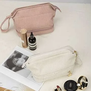 ROSABLE Makeup Bag,Double Layer Cosmetic Bag,Travel Makeup Bag,Corduroy Makeup Bag, Cosmetic Travel Bags,Roomy Cosmetic Bag for Women and Girls Travel Toiletry Bag Accessories Organizer, Pink