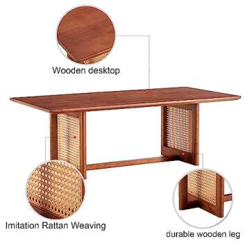LKTART Modern Imitation Rattan Coffee Table Rectangular Solid Wood Table Top Cross Table Legs for Living Room Bedroom Office