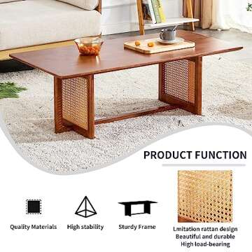 LKTART Modern Imitation Rattan Coffee Table Rectangular Solid Wood Table Top Cross Table Legs for Living Room Bedroom Office