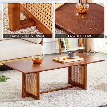 LKTART Modern Imitation Rattan Coffee Table Rectangular Solid Wood Table Top Cross Table Legs for Living Room Bedroom Office