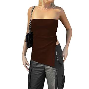 Lauweion Women's Strapless Knit Tube Top Y2K Asymmetrical Slits Solid Slim Fitted Off The Shoulder G...