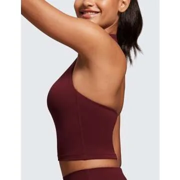 CRZ YOGA Womens Butterluxe Halter Longline Sports Bra - Padded Workout Yoga Crop Tops Tanks with Built in Pads Red Merlot Small