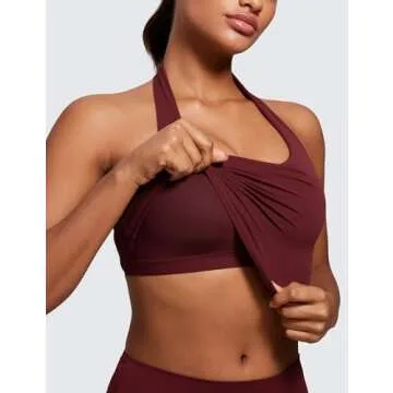 CRZ YOGA Womens Butterluxe Halter Longline Sports Bra - Padded Workout Yoga Crop Tops Tanks with Built in Pads Red Merlot Small