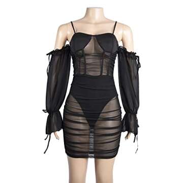 hibshaby Sexy Club Dresses for Women, Skinny Short Dress See-Through Mesh Sheer Puff Long Sleeve Bodycon Party Club Outfits Black Small