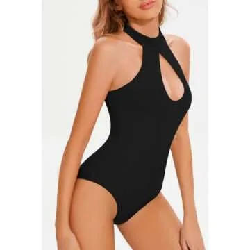 CHYRII Womens Sexy Halter Bodysuit Tops Sexy Cutout Sleeveless Going Out Tops Black L