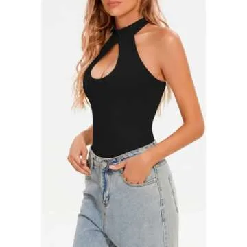 CHYRII Womens Sexy Halter Bodysuit Tops Sexy Cutout Sleeveless Going Out Tops Black L