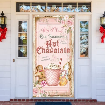 GREHUMOR Pink Christmas Door Cover Decorations Vintage Santa Claus Backdrop Hanging Banner Porch Sig...