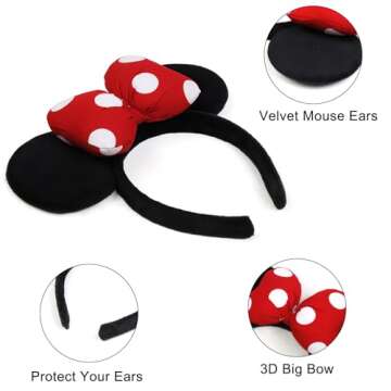 WOVOWOVO 3D Mouse Ears Headbands for Women Red Bow Hairbands Headband Birthdays Headband for Girls P...