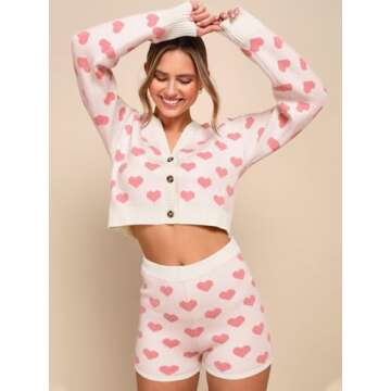 Tankaneo Womens Valentine's Day Sweater Sets Heart Knit Long Sleeve Cropped Cardigan and Shorts 2 Piece Outfits