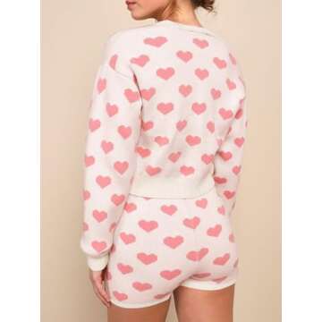 Tankaneo Womens Valentine's Day Sweater Sets Heart Knit Long Sleeve Cropped Cardigan and Shorts 2 Piece Outfits