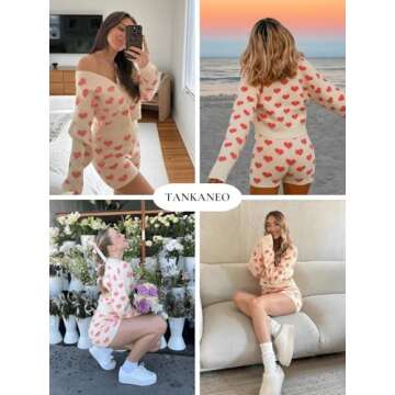 Tankaneo Womens Valentine's Day Sweater Sets Heart Knit Long Sleeve Cropped Cardigan and Shorts 2 Piece Outfits