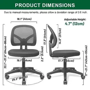 KOLLIEE Armless Office Chair Mesh Ergonomic Small Desk Chair Armless Adjustable Swivel Black Computer Task Chair No Armrest Mid Back Home Office Chair for Small Spaces