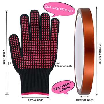 Tondiamo Heat Resistant Gloves with Silicone Bumps and 3 Rolls 10mm x 33m 108 ft Heat Press Tape for Hair Styling