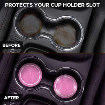 EcoNour Car Cup Coasters (2 Pack) with Pink Push Start Button Bling Ring (1 Pack) | Pink Car Interio...