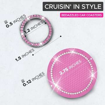 EcoNour Car Cup Coasters (2 Pack) with Pink Push Start Button Bling Ring (1 Pack) | Pink Car Interior Accessories for Women | Classy and Elegant Pink Crystal Car Decor for Cars,Trucks & RVs