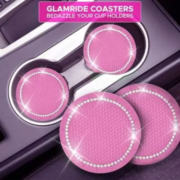 EcoNour Car Cup Coasters (2 Pack) with Pink Push Start Button Bling Ring (1 Pack) | Pink Car Interior Accessories for Women | Classy and Elegant Pink Crystal Car Decor for Cars,Trucks & RVs