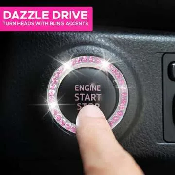 EcoNour Car Cup Coasters (2 Pack) with Pink Push Start Button Bling Ring (1 Pack) | Pink Car Interior Accessories for Women | Classy and Elegant Pink Crystal Car Decor for Cars,Trucks & RVs