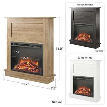 Ameriwood Home Ellsworth Fireplace with Mantel, White - Cozy Electric Heater for Home & Kitchen, 400 sq. ft. Heating, Remote Control, Neutral Finish