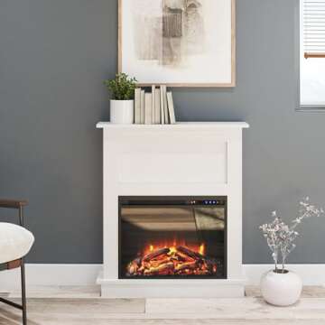 Ameriwood Home Ellsworth Fireplace with Mantel, White - Cozy Electric Heater for Home & Kitchen, 400 sq. ft. Heating, Remote Control, Neutral Finish