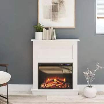 Ameriwood Home Ellsworth Fireplace with Mantel, White - Cozy Electric Heater for Home & Kitchen, 400 sq. ft. Heating, Remote Control, Neutral Finish