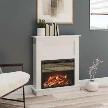 Ameriwood Home Ellsworth Fireplace with Mantel, White - Cozy Electric Heater for Home & Kitchen, 400 sq. ft. Heating, Remote Control, Neutral Finish
