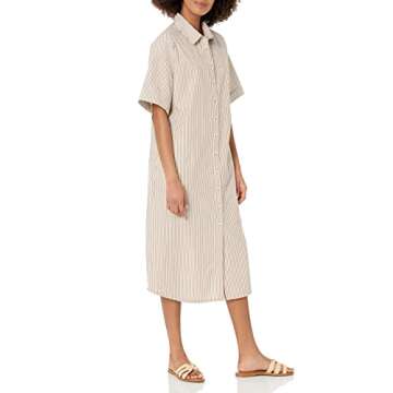 The Drop Women's Marla Drop Shoulder Short Sleeve Midi Shirt Dress, Toasted/White, S