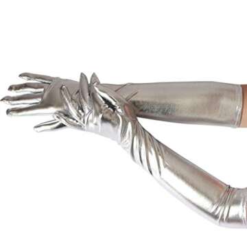 DreamHigh Women's17 Long Metallic Satin Cosplay Finger Gloves Silver