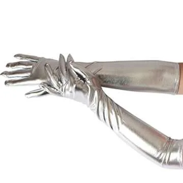 DreamHigh Women's17 Long Metallic Satin Cosplay Finger Gloves Silver