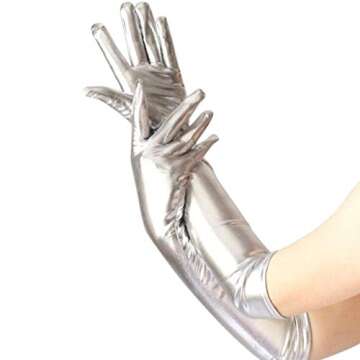 DreamHigh Women's17 Long Metallic Satin Cosplay Finger Gloves Silver
