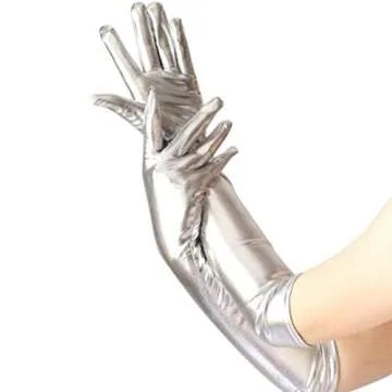 DreamHigh Women's17 Long Metallic Satin Cosplay Finger Gloves Silver