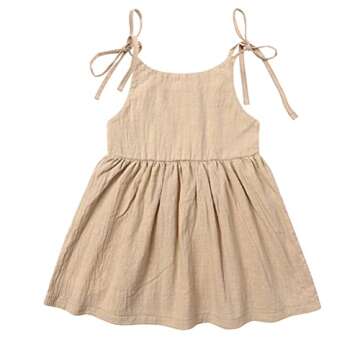 RUKOSU Toddler Baby Girl Summer Cotton Linen Sling White Dresses Bow Straps Sleeveless with Pockets ...