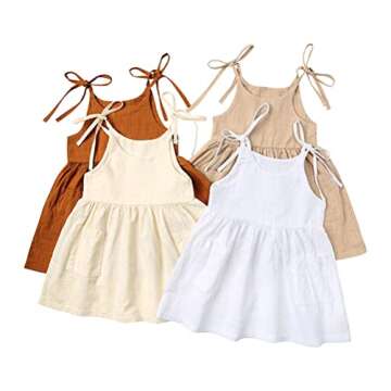 RUKOSU Toddler Baby Girl Summer Cotton Linen Sling White Dresses Bow Straps Sleeveless with Pockets Casual Beach Sundress Khaki 2-3T