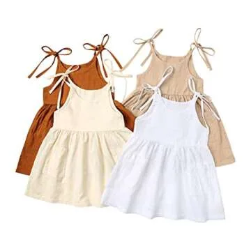 RUKOSU Toddler Baby Girl Summer Cotton Linen Sling White Dresses Bow Straps Sleeveless with Pockets Casual Beach Sundress Khaki 2-3T