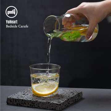 Bedside Water Carafe and Glass Set, 550ml Clear Glass Juice Water Pitcher, Night Water Carafe with Cup Set for Bedroom Nightstand, Wooden Pallet Included