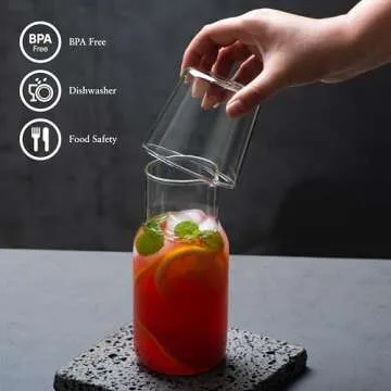 Bedside Water Carafe and Glass Set, 550ml Clear Glass Juice Water Pitcher, Night Water Carafe with Cup Set for Bedroom Nightstand, Wooden Pallet Included