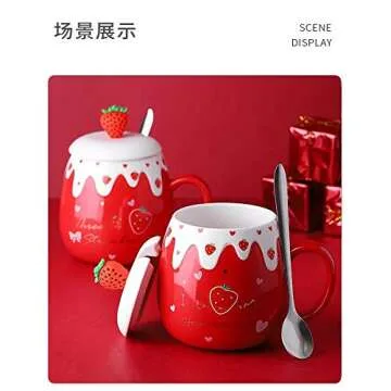 Anjiyoyo Lovely Strawberry and Stainless Steel Scoop Ceramic Coffee Cup, Novel and Interesting Fruit cup, Lovers Milk cup, Creative Gift Breakfast Cup for Kid or Girlfriend