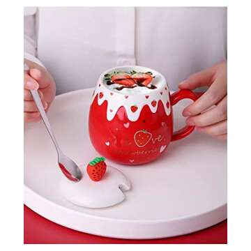 Anjiyoyo Lovely Strawberry and Stainless Steel Scoop Ceramic Coffee Cup, Novel and Interesting Fruit cup, Lovers Milk cup, Creative Gift Breakfast Cup for Kid or Girlfriend