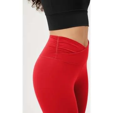 ODODOS Women's Cross Waist 7/8 Yoga Leggings with Inner Pocket, Inseam 25" Gathered Crossover Workout Yoga Pants, Red, X-Small