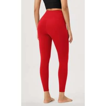 ODODOS Women's Cross Waist 7/8 Yoga Leggings with Inner Pocket, Inseam 25" Gathered Crossover Workout Yoga Pants, Red, X-Small