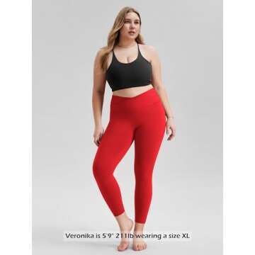 ODODOS Women's Cross Waist 7/8 Yoga Leggings with Inner Pocket, Inseam 25" Gathered Crossover Workout Yoga Pants, Red, X-Small