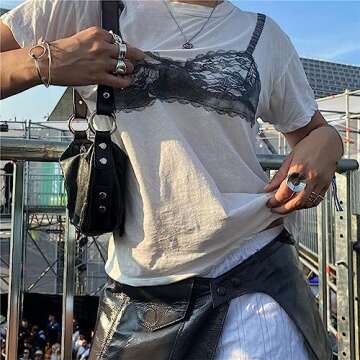 y2k Loose White T-Shirt Chic Lace See-Through Corset Print Short Sleeve Crewneck Women's Crop Top Ca...