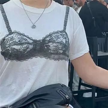 y2k Loose White T-Shirt Chic Lace See-Through Corset Print Short Sleeve Crewneck Women's Crop Top Casual Streetwear Tees (as1, Alpha, m, Regular, Regular, White01)