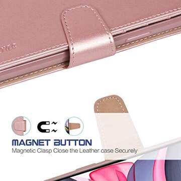 Arae Case for iPhone 11 Wallet Case Cover with Card Holder PU Leather with Wrist Strap and [4-Slots] ID&Credit Cards Pocket for iPhone 11 6.1 inch - Rosegold