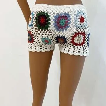 Yiulangde Womens Y2k Hollow Out Knit Shorts Crochet Bikini Swimsuit Cover Up Sexy Sheer Beach Shorts Floral Print Boho Bottom