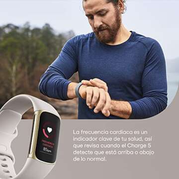 Fitbit Charge 5 Advanced Health & Fitness Tracker with Built-in GPS, Stress Management Tools, Sleep Tracking, 24/7 Heart Rate and More, Lunar White/Soft Gold, One Size (S &L Bands Included)