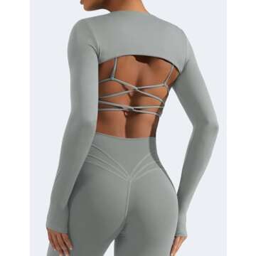 YEOREO Women Crop Top Long Sleeve Bolero Open Front Workout Cropped Shirts Sports Shrug Without Bra Grey S