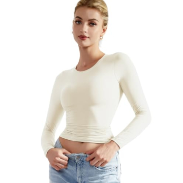 SUUKSESS Women Double Lined Fitted Basic Tee Shirts Crew Neck Long Sleeve