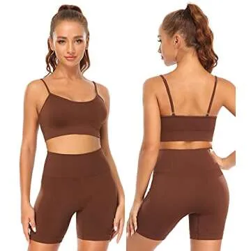 Ourgifts Workout Sets for Women 2 Piece Outfits Gym Shorts Women High Waisted with Adjustable Padded Sports Bra Gym Sets（A0010S-Coffee