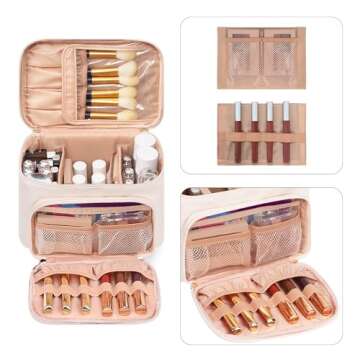 Large Makeup Bag, Portable Travel Makeup Bag for Women Girls with Makeup Brush Compartment, Stylish Makeup Bag Organizer Cosmetic Case With Handle and Divider - Beige